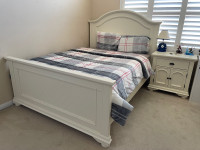 Queen bed with mattress and side table for Sale