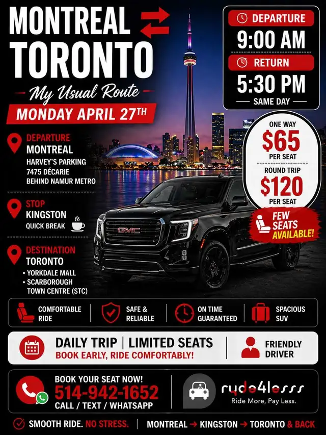 MTL KINGSTON TORONTO APRIL 27TH 9AM RETURN 5H30PM