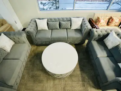 Elegant 7-seater sofa set in premium fabric with tufted design. Very comfortable, durable, and perfe...