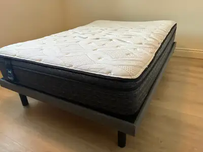 UPHOLSTERED DARK GREY FLATFORM DOUBLE BED & Mattress, View more