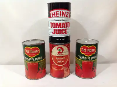 (ONE DEL MONTE TOMATO JUICE CAN IS SOLD) The 3 cans are in good displayable condition or could be us...