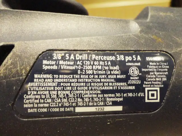 Mastercraft 3/8" Chuck Reversible Variable Speed 5A Drill 120v65565415949185122