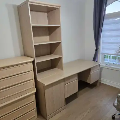 Light Wood Desk with Drawers and Bookshelf, View more