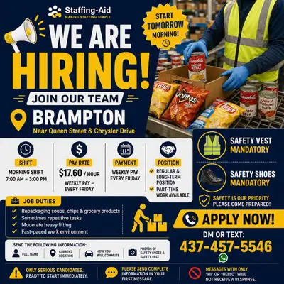Full-time General labour required in Brampton (Males preferred), View more