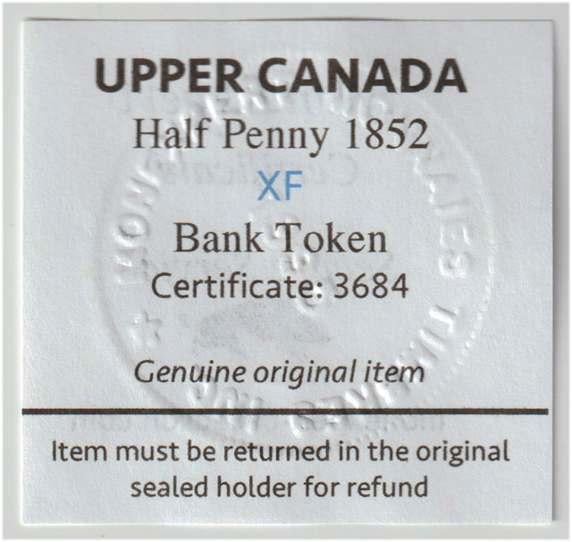 Upper Canada Token - 1852 Half Penny XF - Cert: 3684 in Arts & Collectibles in Longueuil / South Shore - Image 3