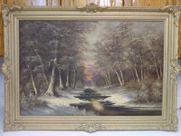 Beautiful antique winter landscape oil painting.