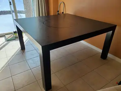Large dining table with built-in lazy susan & chairs, View more