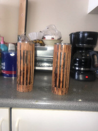 2 glass candle holders with wooden outside!Asking $40 both