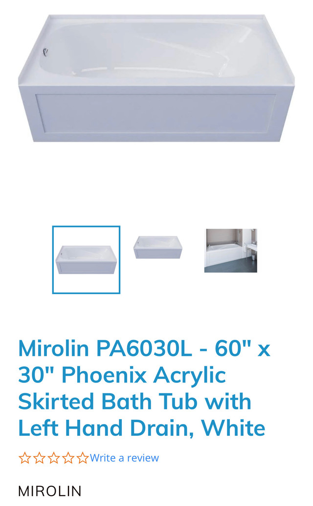 Mirolin Austin L60 in. x W30 in. x H20 in. Acrylic Rectangular S in Plumbing, Sinks, Toilets & Showers in Mississauga / Peel Region
