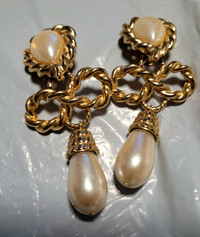 Large Faux Pearl Textured Gold Tone Clip Earrings