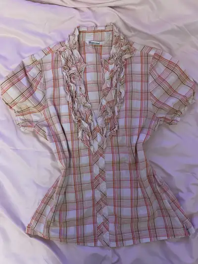 Cute pink plaid ruffle blouse, View more