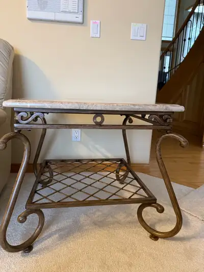 Elevate your living space with this elegant marble top end table, featuring a sturdy wrought iron ba...
