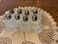 Vtg Set of 8 Glass Salt & Pepper Shakers on an Ornate Glass Tray