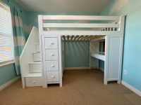 Twin loft bed with desk, bookcase and drawers