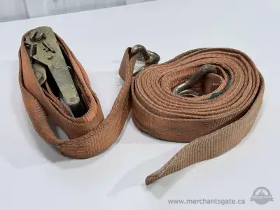 Heavy duty ratchet tie down strap designed for securing cargo on trailers, trucks, or roof racks. Fe...