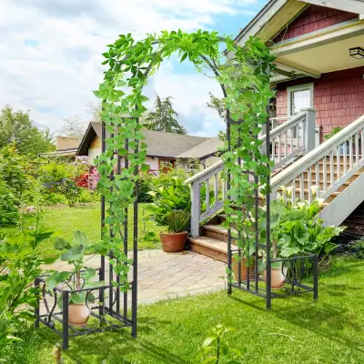 7FT Metal Garden Arch with 2 Planter Boxes, Decorative Outdoor W, View more