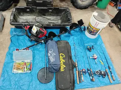 Ice fishing lot. Including Strikemaster 10" auger and extension, powered by a 4 stroke 35cc Honda mo...