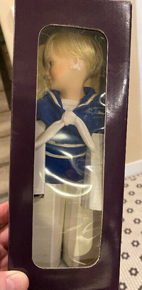 New in box 1991 Reco Porcelain Doll in Vintage Marine wear style