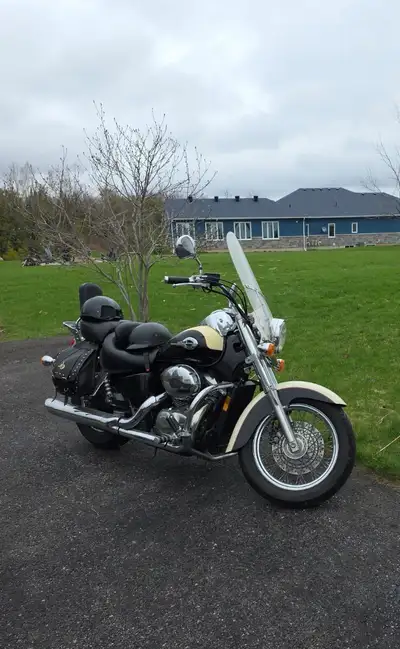 2001 Honda Shadow 750 with accessories including passenger seat with backrest, saddle bags, and tour...