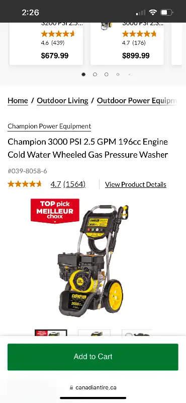 I have a 3000 psi Champion Pressure .Selling for $250.works great,very little use