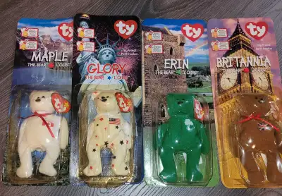 Set of 4 1999 McDonald's TY bears Erin Maple Glory Britannia Packages are open due to age, glue didn...