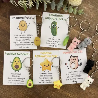 Cute Positive Keychains - Potato, Pickle, Avocado, Cat, & Star, View more