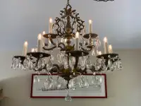 Antique Rustic Brass and Crystal Chandelier