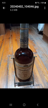 Vintage Tall Canadian Club Whiskey bottle and stand 