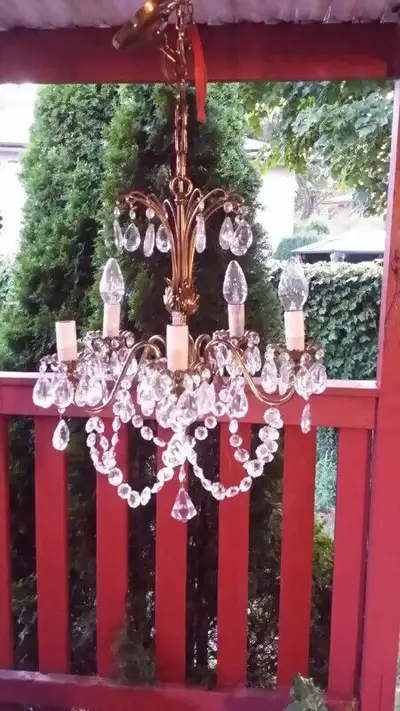 Antique Vintage 5 Arms Brass & Crystals Chandelier Lighting Ceil, View more
