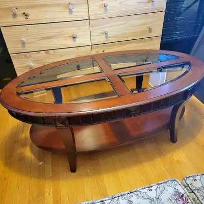 Vintage 2 tier wood and beveled glass oval coffee table, View more