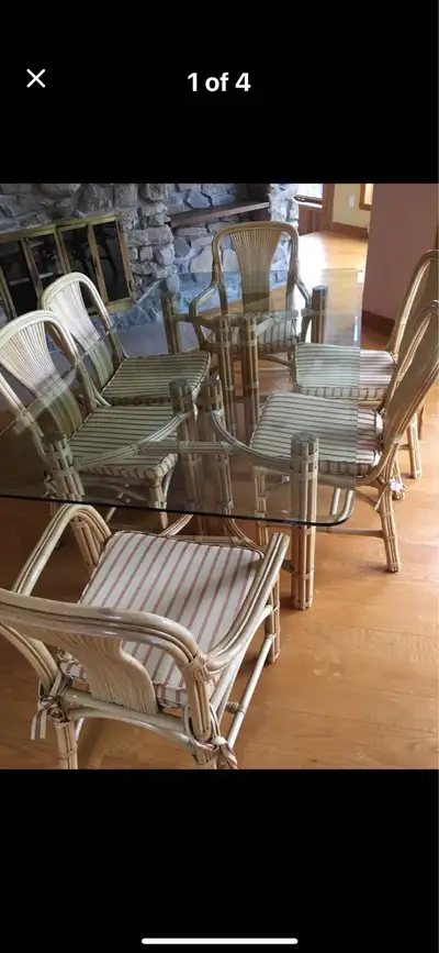 Vintage Glass Top Bamboo Dining Room Table and 6 Chairs, View more