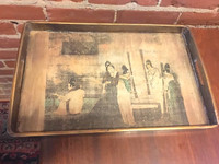 Vintage gold painted wood serving tray with Asian motif