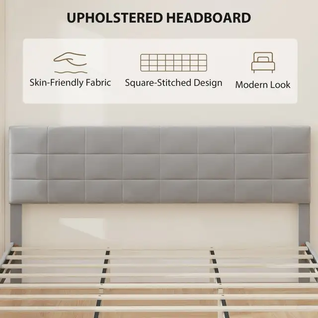 Modern King Size Bed Frame with Upholstered Headboard  in Beds & Mattresses in Markham / York Region - Image 5
