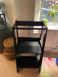 Black wooden learning tower/toddler table and stool