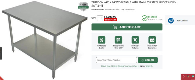 TARRISON 24"X48" STAINLESS STEEL WORK TABLE!! in Other Business & Industrial in City of Toronto - Image 2