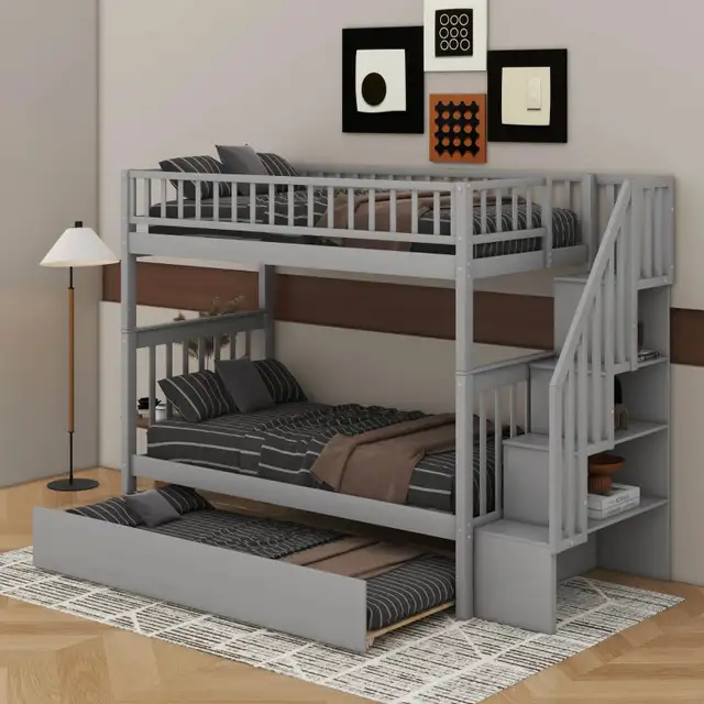 Grey Triple Bunk Bed with Trundle and Stairs