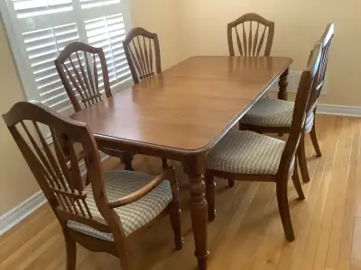 extendable solid wood dinning table with 6 chairs, View more