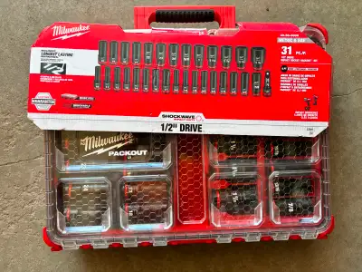BNIB Milwaukee Impact 1/2 Drive Metric/SAE Deep Well Impact PACKOUT Socket Set. Sells $440, you $300...