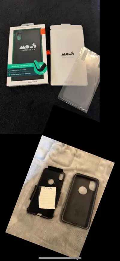 2 iPhone XS MAX cases 1 Black Leather case,a screen protector MOUS New! 1 Black defender series OTTE...