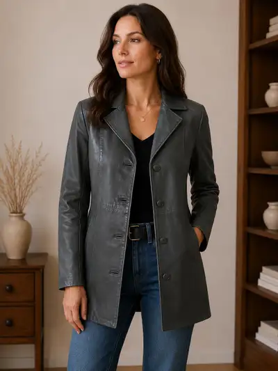  Women’s Tailored Grey Leather Jacket, View more