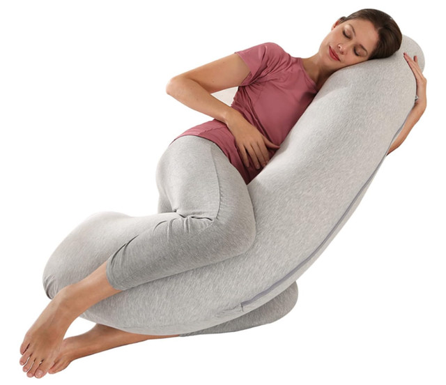 J Shaped Pregnancy Pillow Gray Soft Jersey Knit Removable Cover in Other in Edmonton