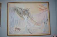 LARGE OIL ON CANVASS PAINTING THE LYNX SCENE  42 X 36 INCH
