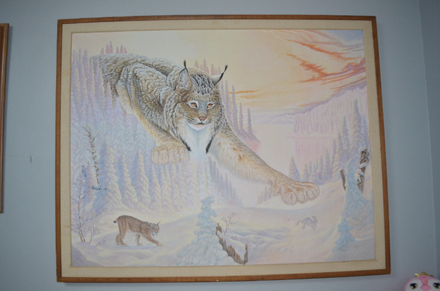 LARGE OIL ON CANVASS PAINTING THE LYNX SCENE  42 X 36 INCH in Arts & Collectibles in Mississauga / Peel Region