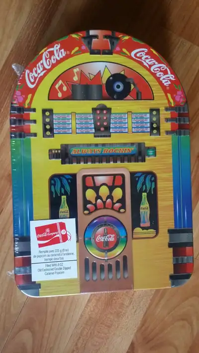 New Sealed Coca Cola Juke Box Tin.Filled with Caramel Corn Which is Well Past it's Freshness Date.I...