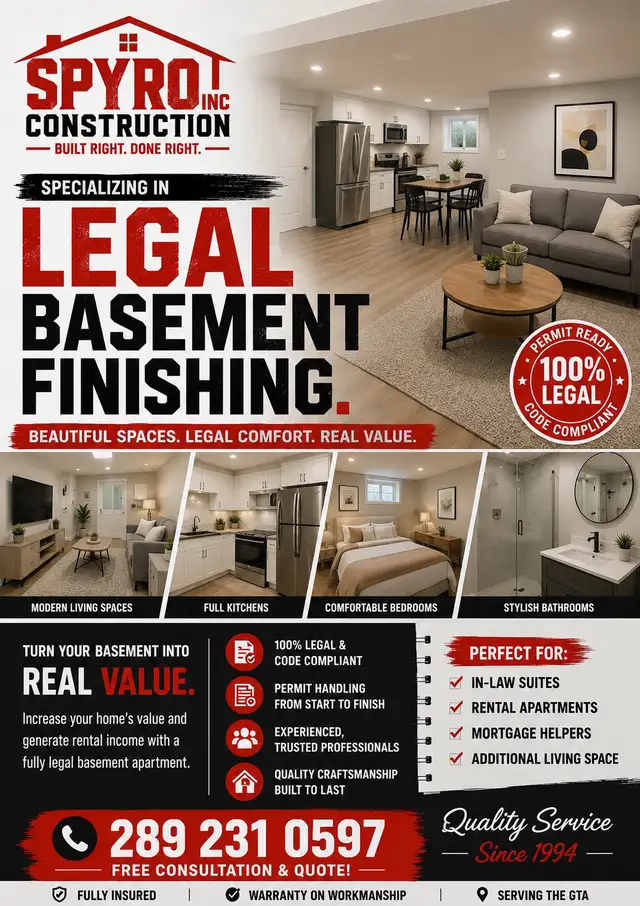 AFFORDABLE LEGAL BASEMENT FINISHING !!! QUALITY  SINCE 1994