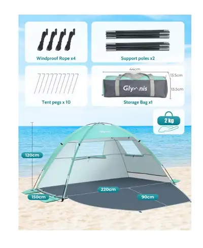 Brand new, never been used Glymnis Beach Tent Sun Shelter 2-3 Person, Portable Beach Shade UPF 50+ S...