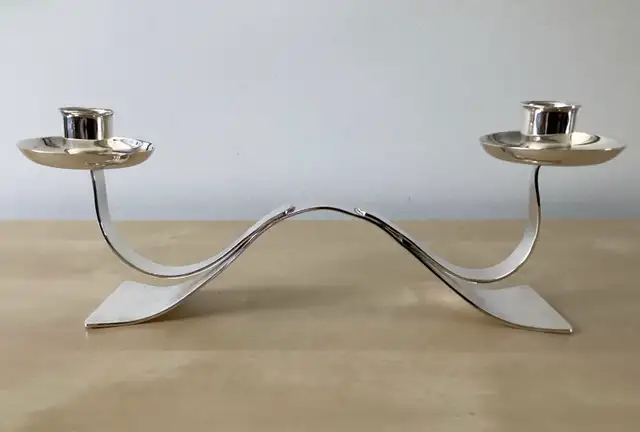 Vintage MCM Silverplated (EPC) Ribbon Wave Sculptural Candelabra