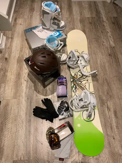 Snowboard, boots, helmet and googles, View more