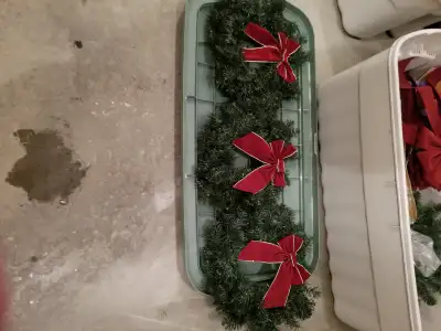 Lighted Pine Garland - 9', have eight. $15 each Decorated Pine Ball - 7" - $10 Three Wreaths with Bu...