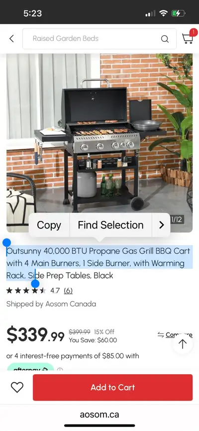 Black 40,000 BTU Propane Gas Grill BBQ Cart with 4 Main Burners, View more